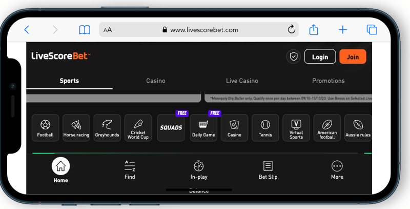 LiveScoreBet Mobile Homepage