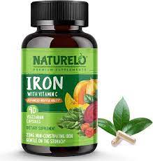 NATURELO Vegan Iron Supplement with Vitamin C and Organic Whole Foods