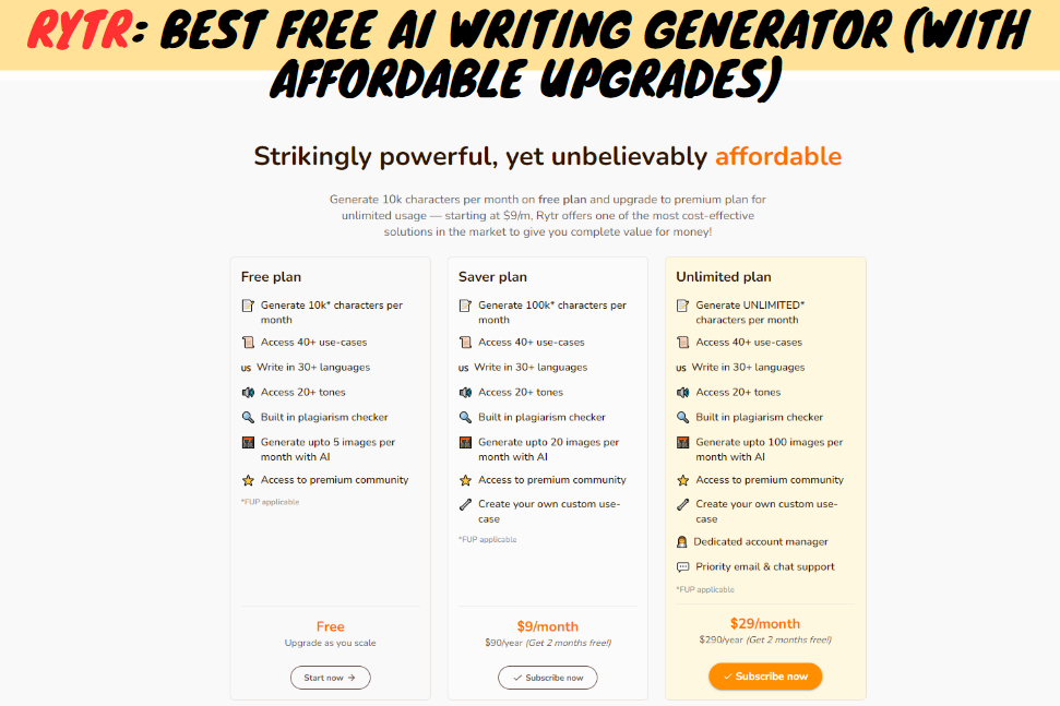 Rytr Best Free AI Writing Generator (with Affordable Upgrades)