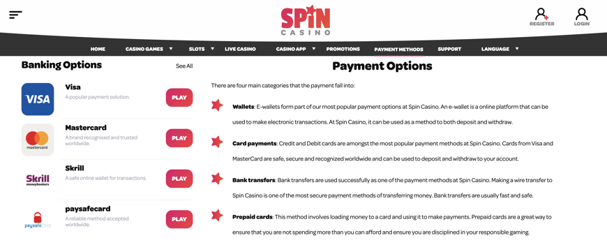 SpinCasino Payment Methods 