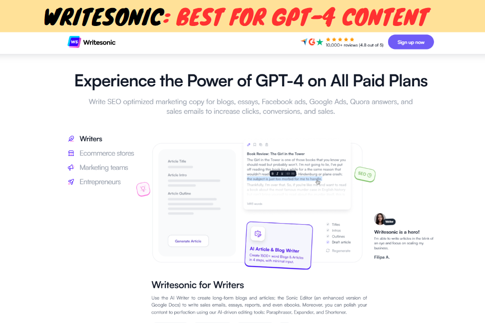 Writesonic Best For GPT-4 Content