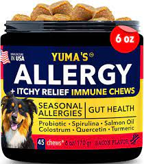 YUMAS Dog Allergy Relief, Itchy Skin Relief - Seasonal Allergies - Omega 3 Salmon Oil+ Probiotics+Spirulina