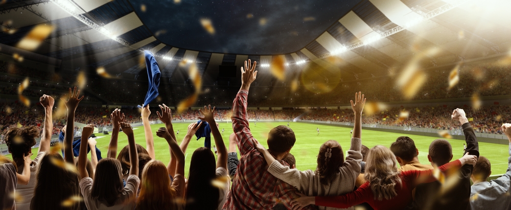 Back view of football, soccer fans cheering their team