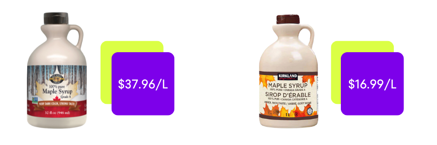 The Maple Treat maple syrup and Kirkland Signature maple syrup