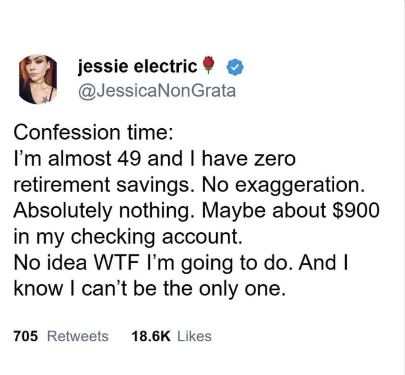 Confessions of no savings at age 49 from X user @jessicanongrata