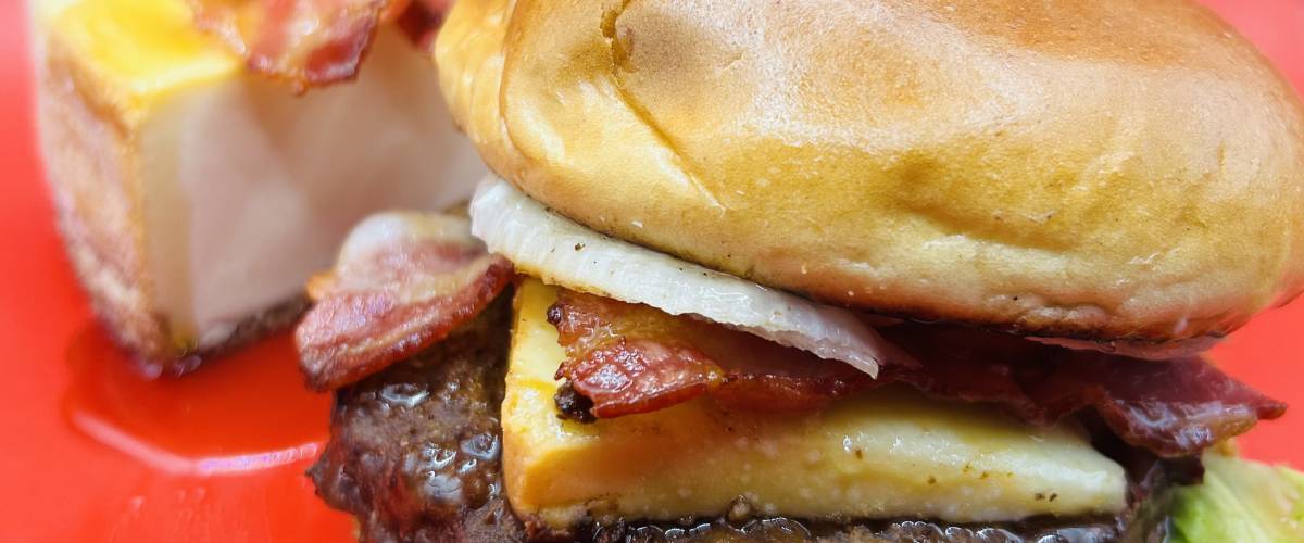 Maple bacon cheesecake burger
