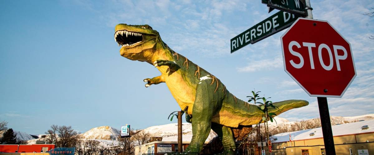 Drumheller, Canada - Dec. 21 2021: Gigantesque Dinosaur Statue in downtown Drumheller Alberta